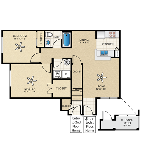 Floor plan for 2 beds, 1 bath, 890 sqft